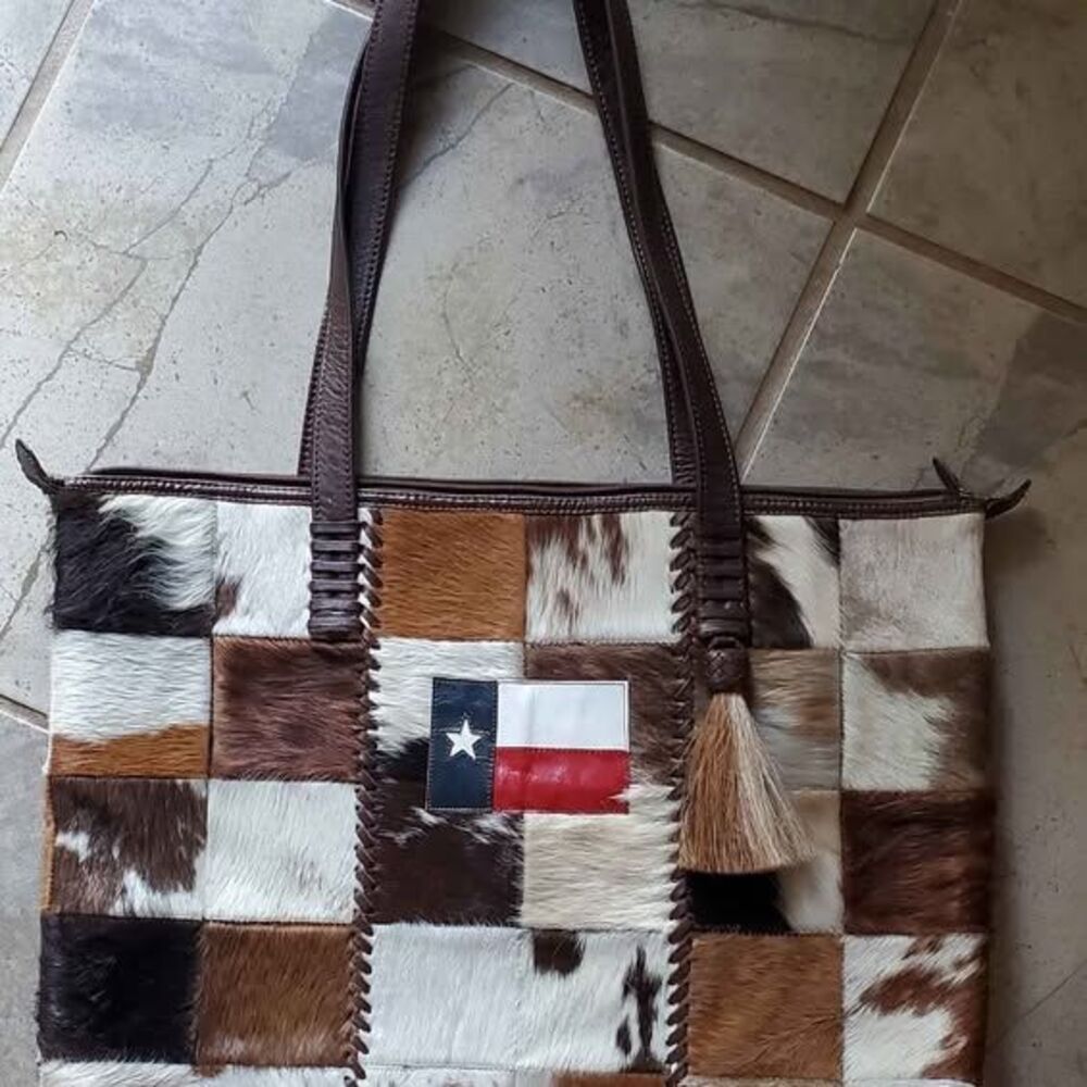 Beautiful TEXAS hair on cow hide leather patchwork tote bag